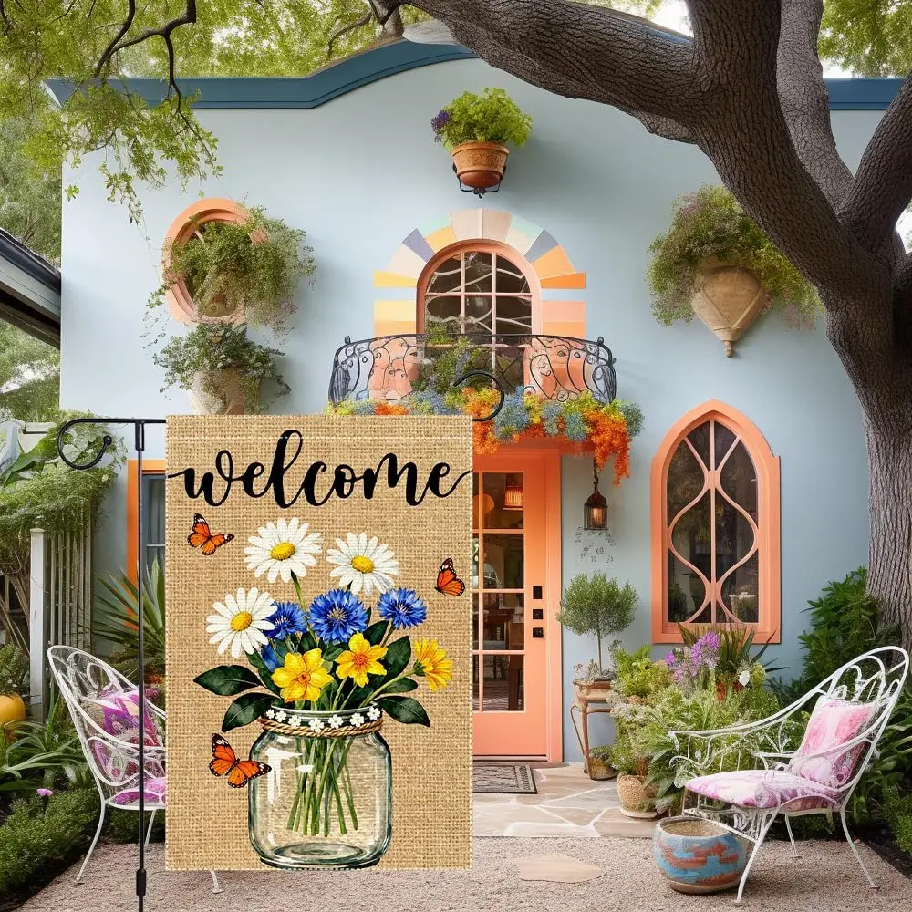 Spring Summer Garden Flag 12x18 Inch Double Sided Small Burlap Welcome Flag Watercolor Daisy Cornflower Yellow Flower Mason  AAS