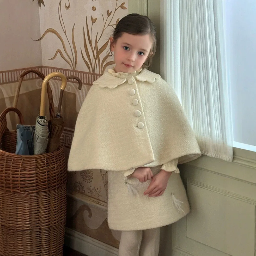 2026 Winter Girls' Clothing Princess Style Temperament Wool Shawl Cloak Sleeveless Dress Girls' Birthday Dress