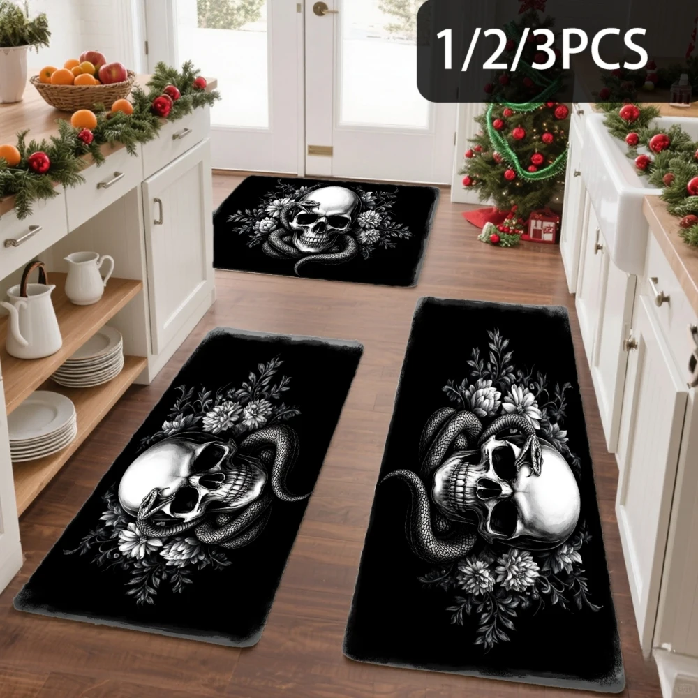 Bedroom Floor Doormat Gothic Runner Rug 1/2/3pc Home Decor Non Slip Living Room Laundry Hallway Carpets Skull Snake Flower