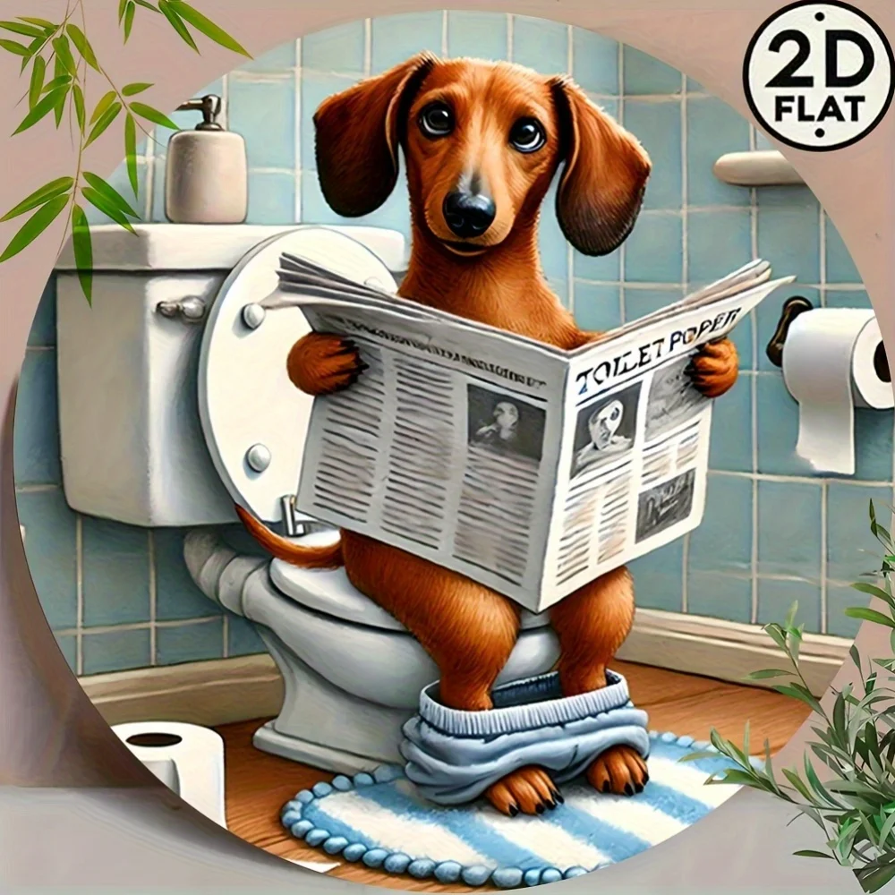 2D flat 1pc retro humorous Dachshund wooden circular sign, suitable for home and wall decoration art bar and toilet signs