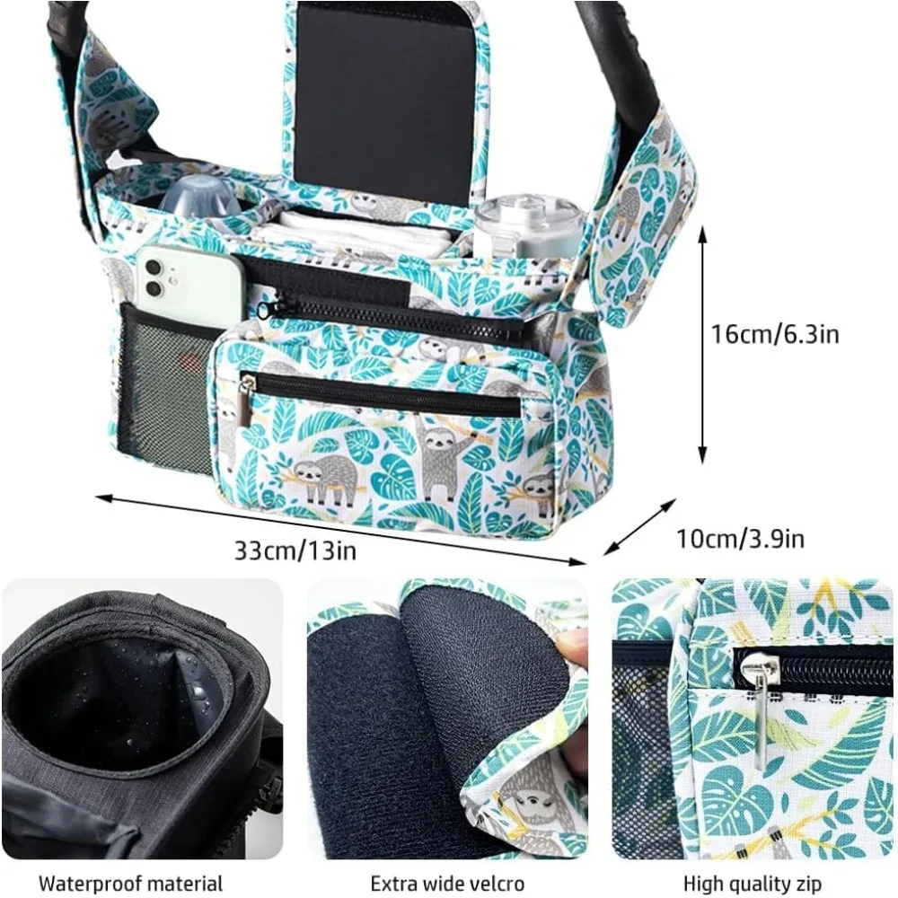 Stroller Caddy Organizer With Insulated Cup Holder Non Slip Straps Bag for Phone Pet Stroller Accessories Fits Most Strollers