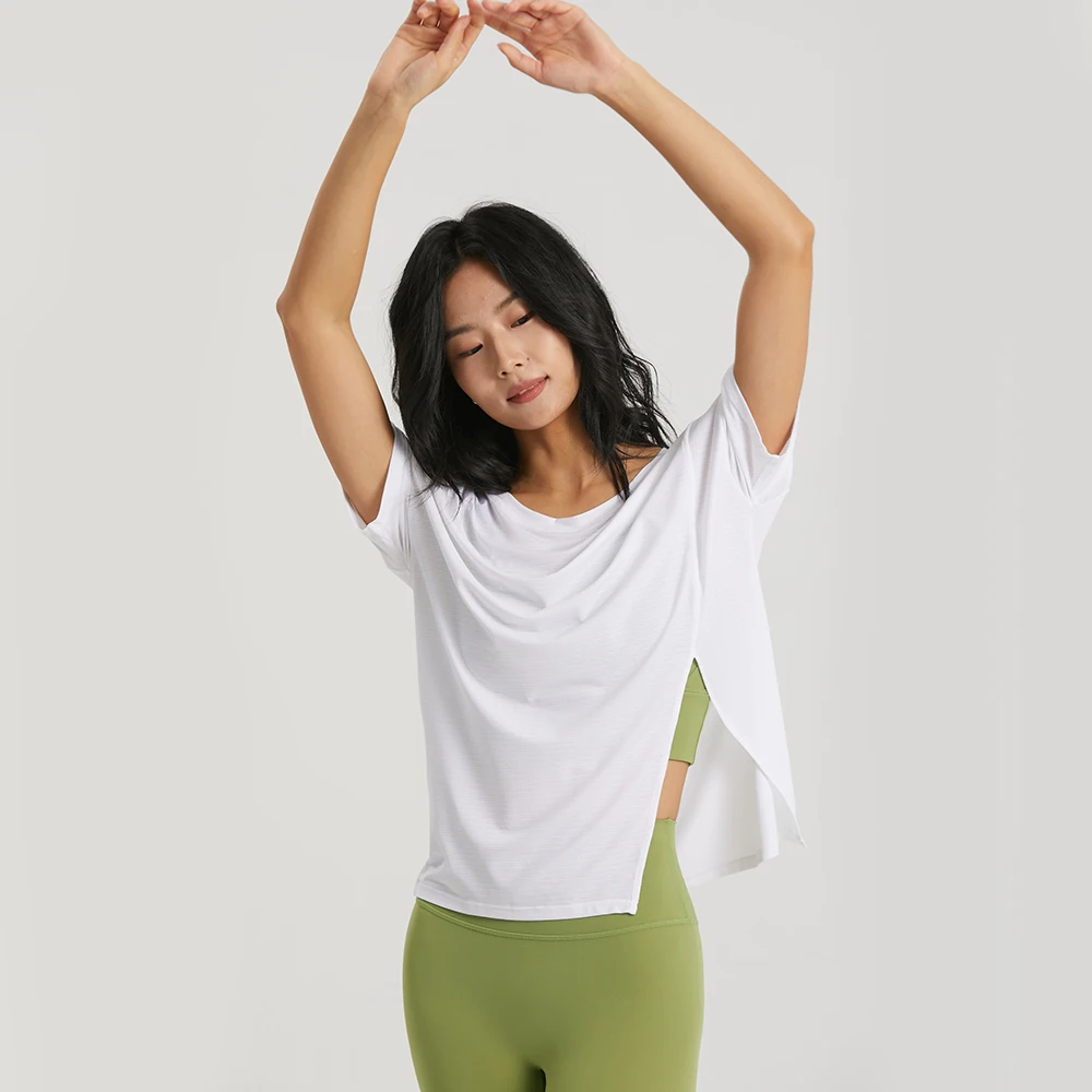 Yoga Shirts Gym Women Cool Yarn Sports Top Short Sleeve Women Round Neck Yoga Blouse T-shirt Split Sides Workout Gym Sportswear