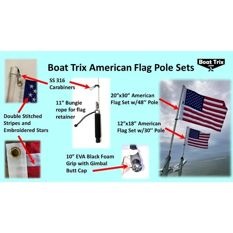 American Flag and Pole Set, Rod Holder Mount New Improved Fiberglass Flagpole, 7/8 Inch Diameter, Thick Wall, Durable