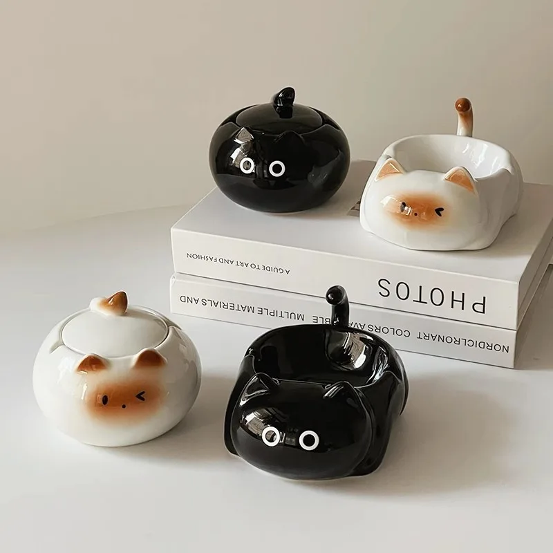 Cat Ashtray with Lid, Ceramic Smoke Accessory for Men, Father's Day Gift & Home Decor