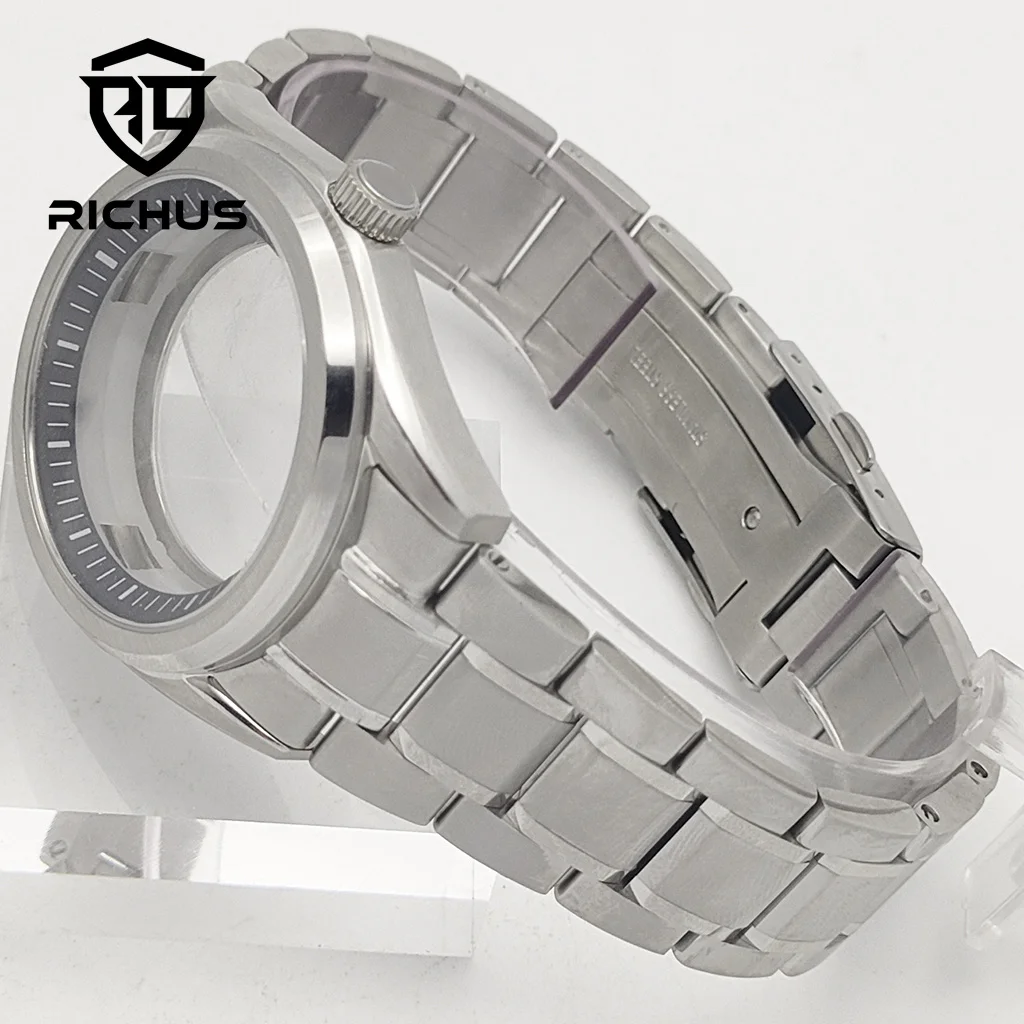 RICHUS NH35 Watch case 40mm silver watch case with strap sapphire glass Fit NH34 NH35 NH36 Movement