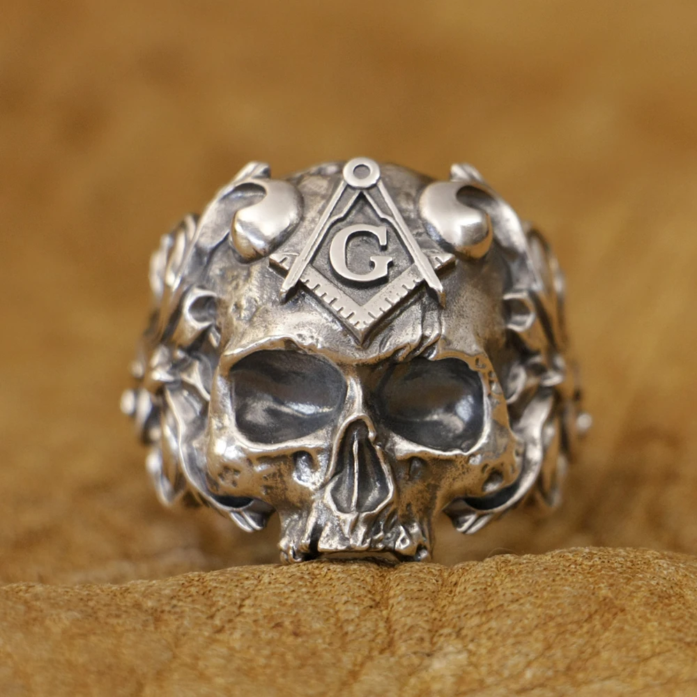 Detalles de Plata de Ley 925, anillo Punk con calavera masónica, joyería de motorista TA449, talla estadounidense 6 ~ 15