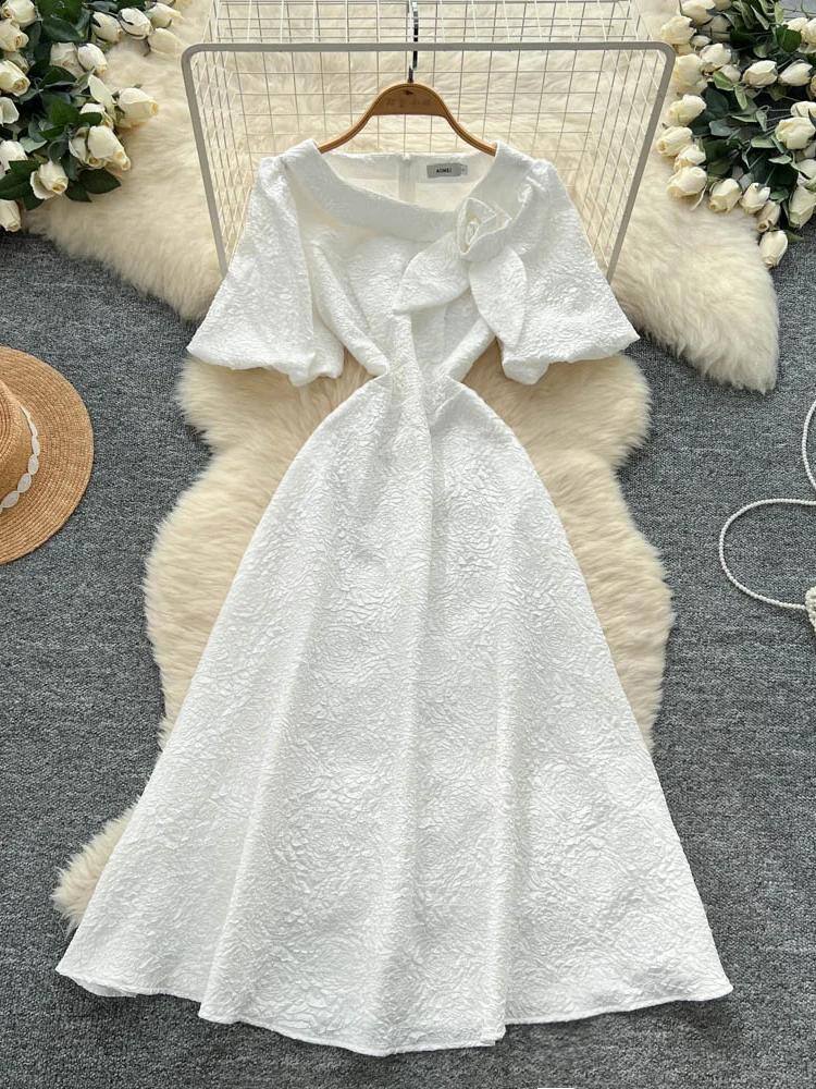 Ele Summer Texture floreale Bubble Sve Dr Donna di media lunghezza A-Line Dr Coreano Sle Vita alta ort Sve Dr