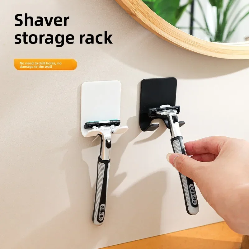 No Drill Razor Holder Wall Mount Strong Adhesive Hook Multifunctional Shaver Stand with Power Plug Hook for Bathroom Storage