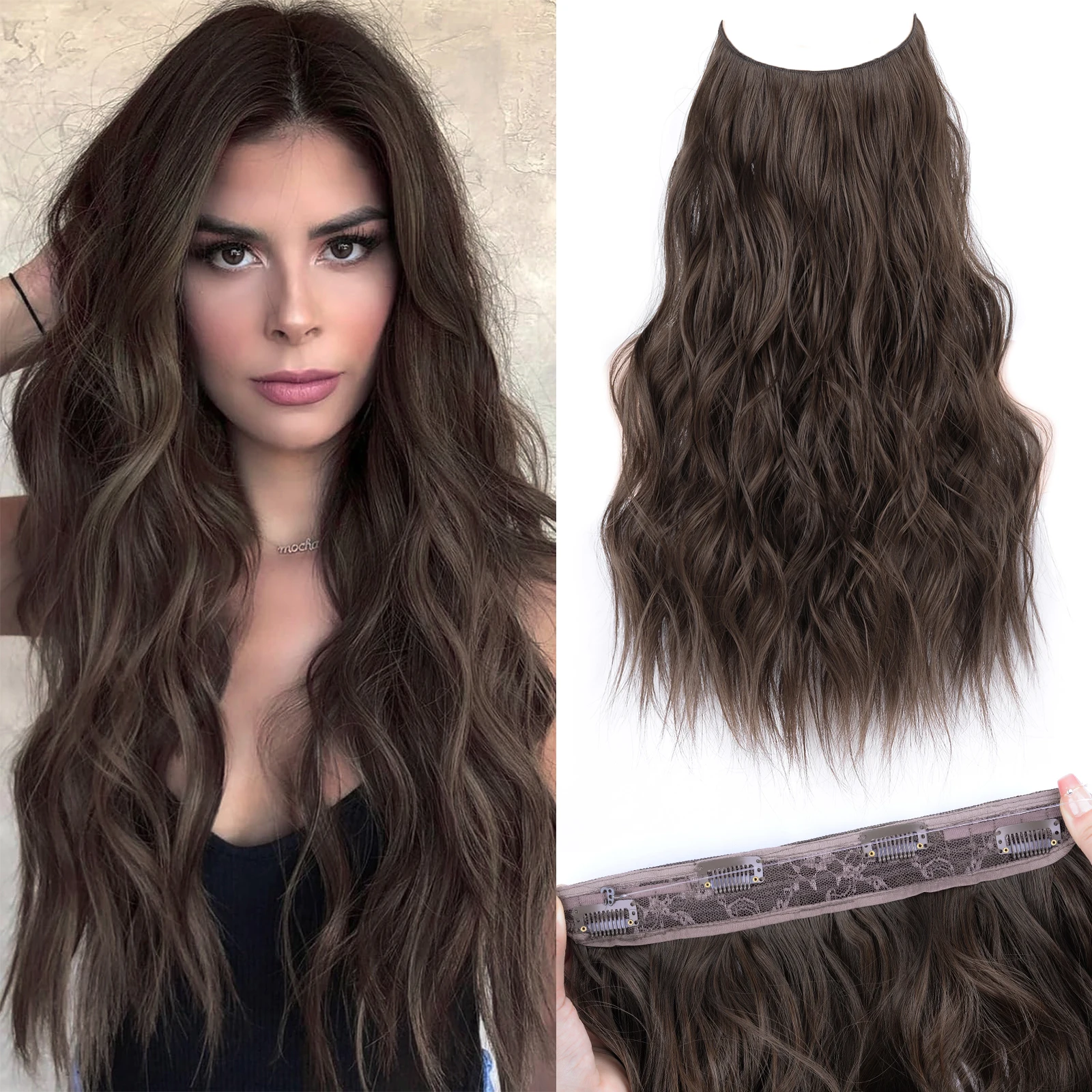 Extensions de cheveux de ligne de poisson à pince, postiche de fil synthétique invisible, longue ligne de poisson ondulée, degré de chaleur