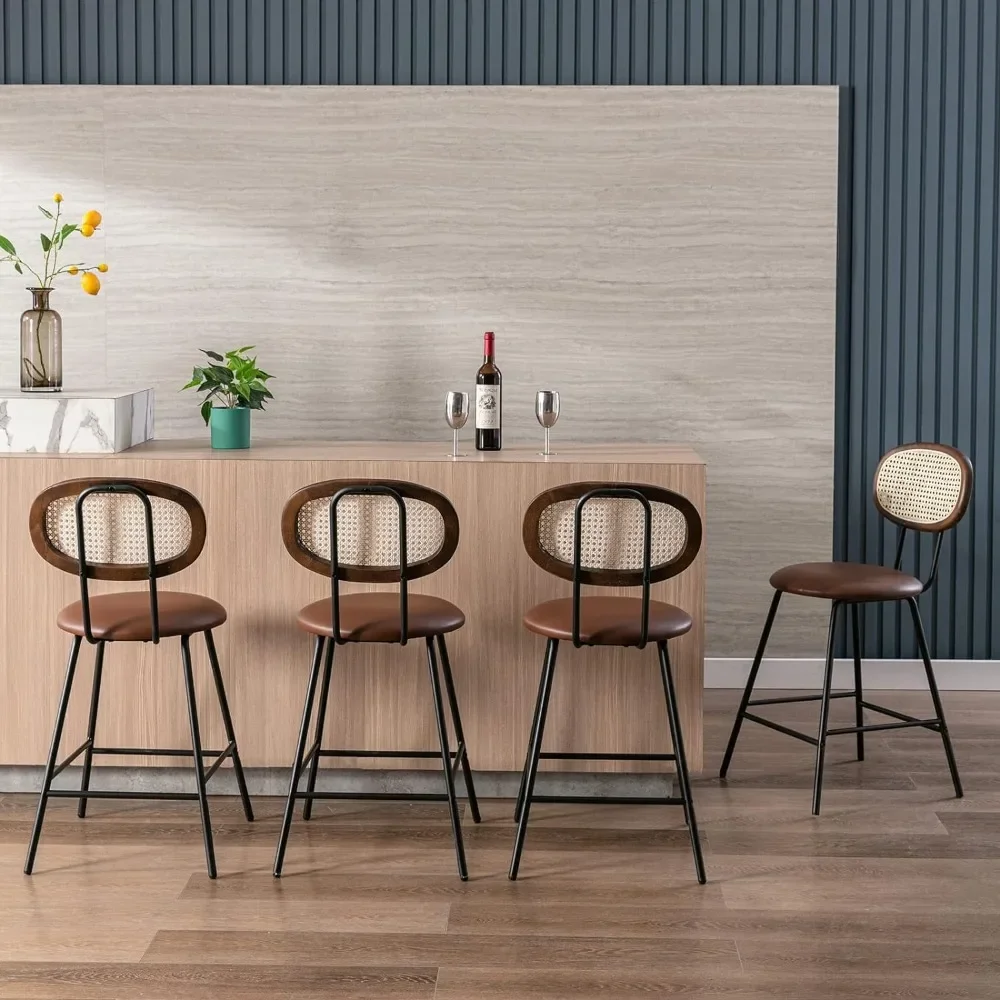 Counter Stools Rattan Back Dining Chair,Indoor Faux Leather Bar Stools Set of 4,Armless Dining Chairs