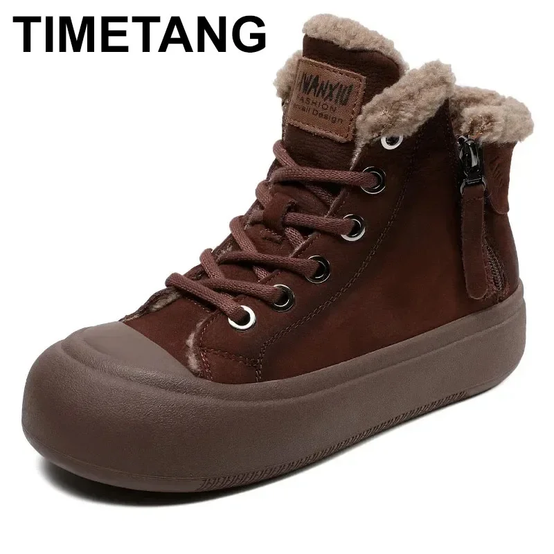 

2025 Winter Snow Boots Women Plush Inside Shoes Lace Up Zip Flats Ankle Boots Genuine Leather Boots Luxury Shoes