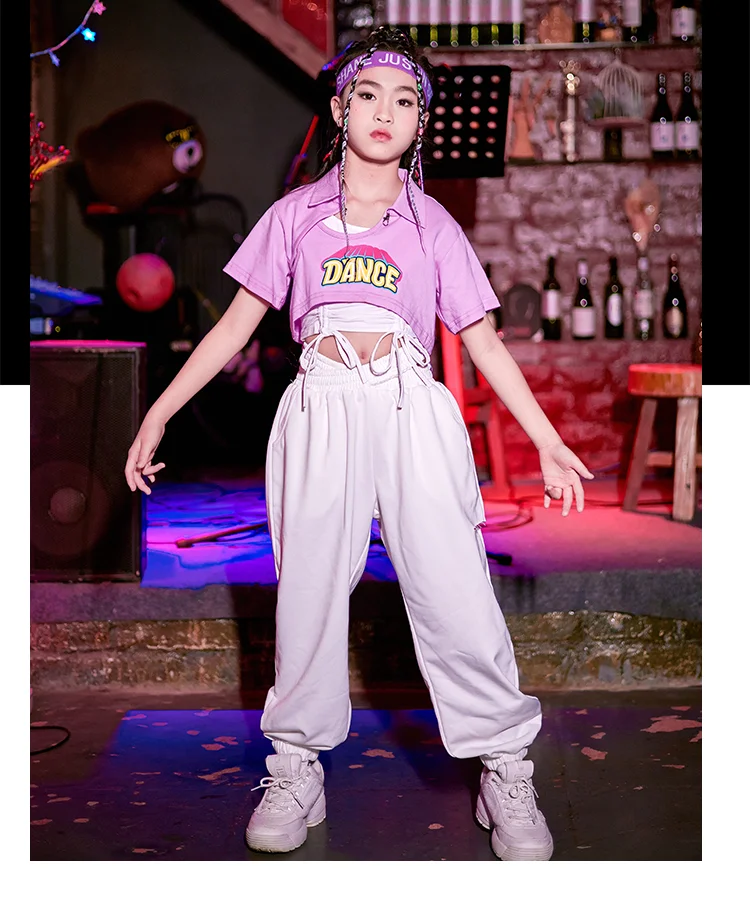 2025 Girls Jazz Dance Costume Pink Crop Tops Loose Street Dance Pants Kids Dancer Outfit Festival Clothing Hip Hip Clothes yj467