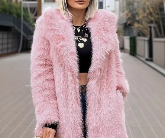 معطف صوف طويل مع بطانة من الفرو وياقة واسعة معطف فرو قصير عصري مع الانتفاخ