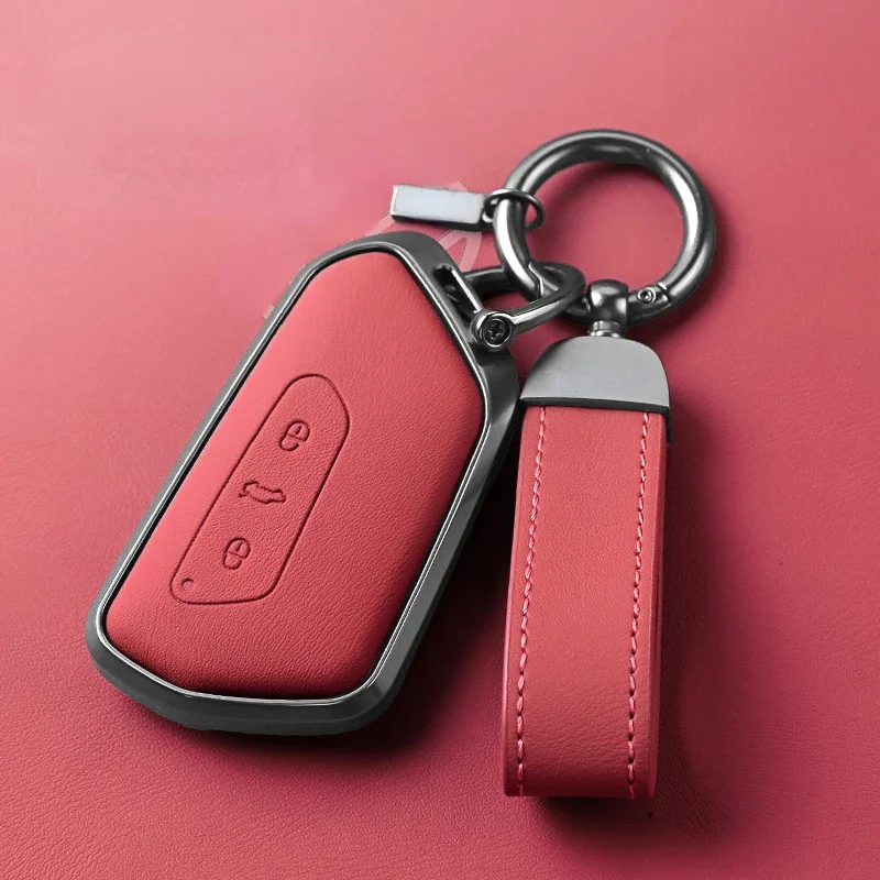 

Volcanic Red Aluminum Alloy + Leather Simple Style Handmade Car Remote Key Case Cover For Volkswagen Teramont Talagon Tavendor