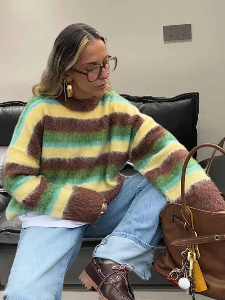 

BKQU Fashion Colorful Striped Sweater Women's O-neck Casual Loose Knit Pullover 2025 Autumn Winter Lady Vintage Warm Sweater Top