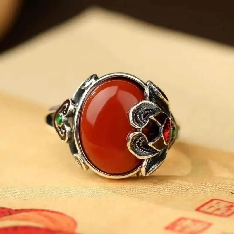 

Серебряное кольцо PANJBJ 925 пробы с гранатом, геометрическим узором, для женщин, в стиле ретро, этническое, с цветочным мотивом, с глазурной отделкой, ювелирное украшение, подарок для вечеринки, дропшиппинг