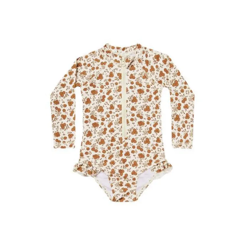 Summer RC Baby Girls Long Sleeve One-piece Swimsuit Set Toddler Girl Sunscreen Floral Bikini Suits Kids Swimwears Bodysuit 1-12Y