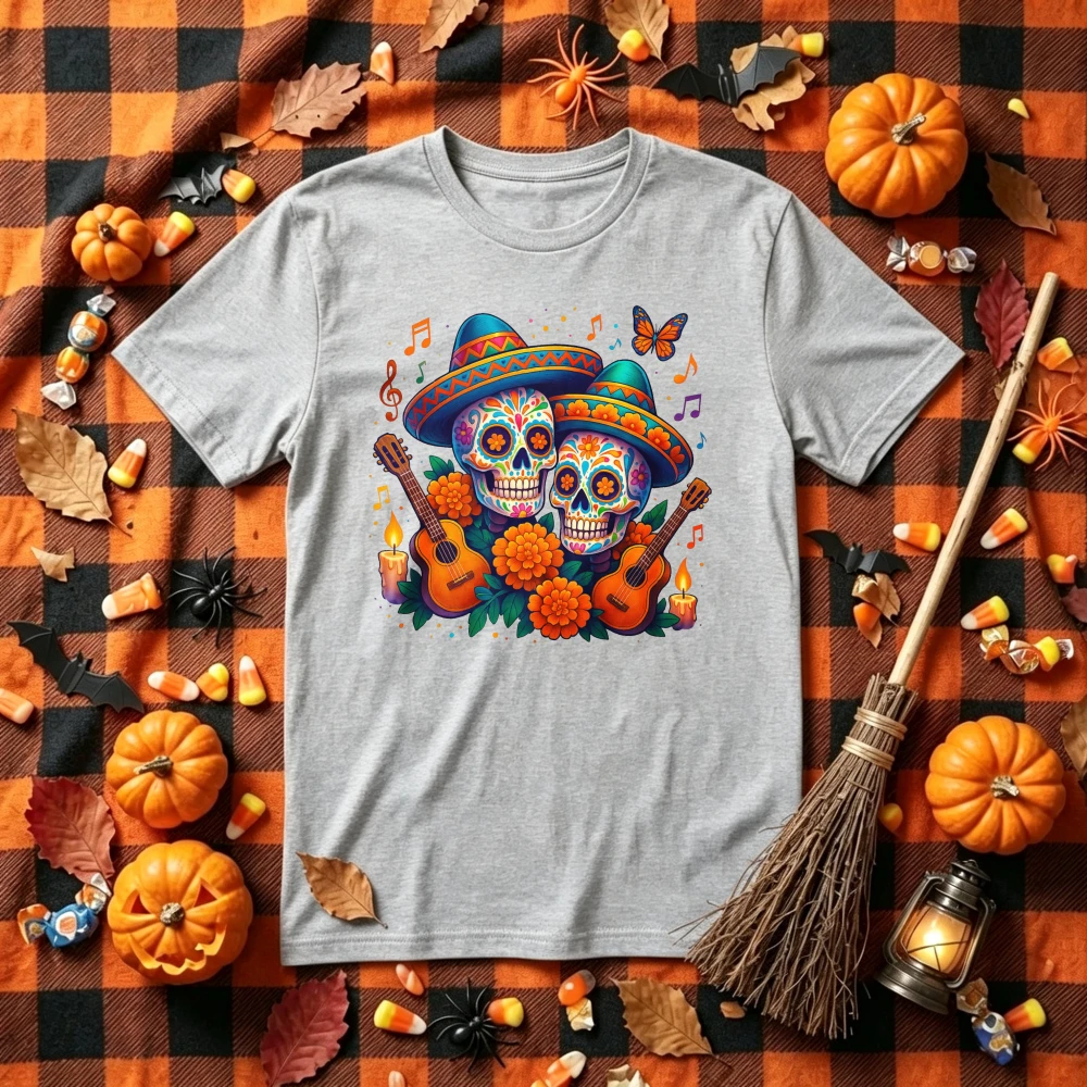 Vibrant Mariachi Sugar Skull Dia De Los Muertos Graphic T‑Shirt Sombrero Guitar Marigold Flower Candle Butterfly Music Note Tops