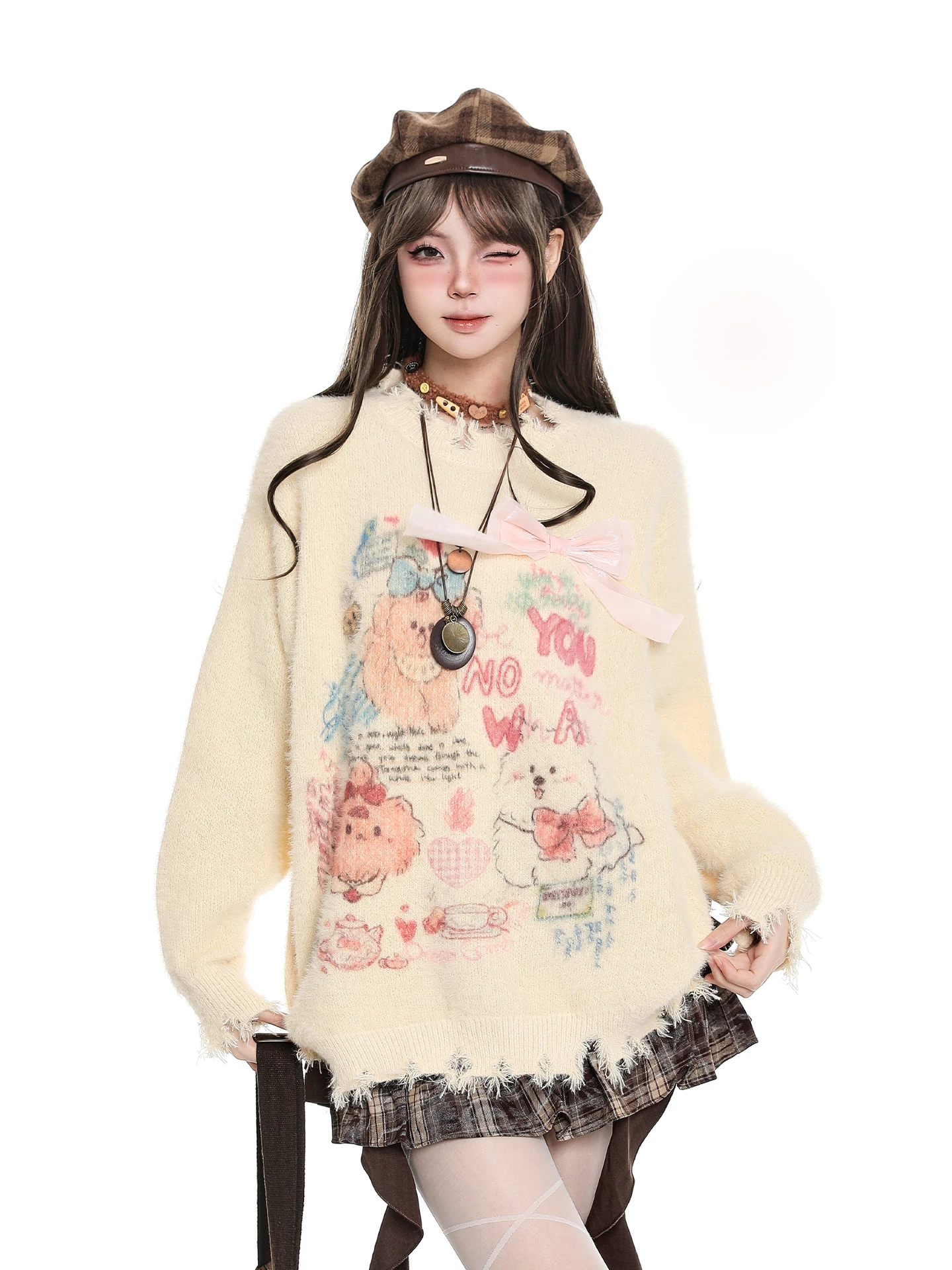 Sweet Cute Dog Cartoon Print Loose Knitted Sweater Women's Autumn Winter New Style Lazy High-End Feeling Very Beautiful
