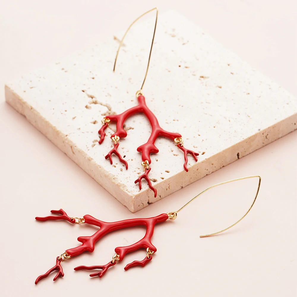 Red Enamel Coral Tree Earrings Antlers Acrylic Resin Dangle Girl Fashion Jewelry Christmas Gift Women Accessories