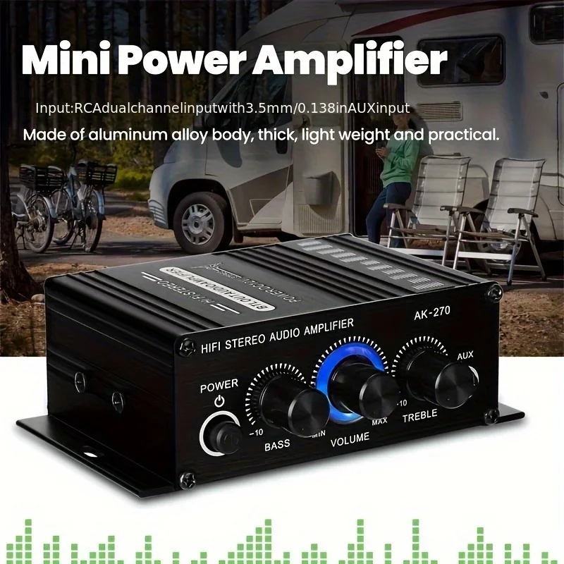 AK-270 400W Mini Power Amplifier 12V/24V 2.0 Channel Stereo Audio Amp HiFi Sound for Home Car Theater System Compact Amplifier
