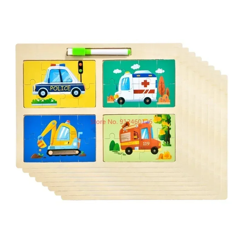 Montessori Wooden Block Puzzle 4-in-1 Drawing Board Animal Dinosaur Pairing Panel Educational Early Education Toy