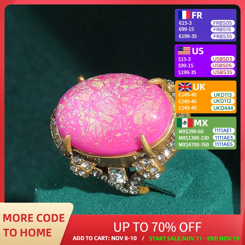 

Vintage Large Opal Ring Pink Antique Gold Color Luxury Quality Jewelry Designer Adjustable For Woman Accessories 2025 Trends