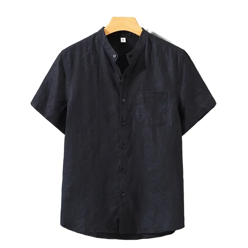 

Pure linen shirt Men's short sleeved summer linen clothes Chinoiserie retro casual basic thin breathable shirt