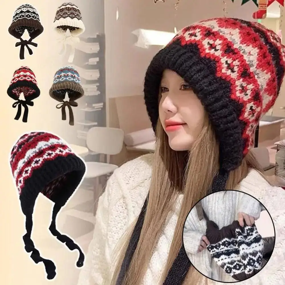 Retro Striped Knitted Woolen Hat Thickened Windproof Beanie Cap Ethnic Style Cold-proof Ear Flap Cap Winter