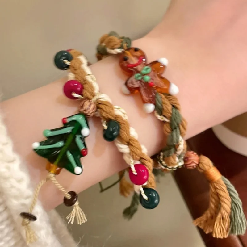 Pulsera navideña de cristal con cuerda tejida de hombre de jengibre para niñas, linda y creativa de otoño e invierno, Navidad retro y versátil