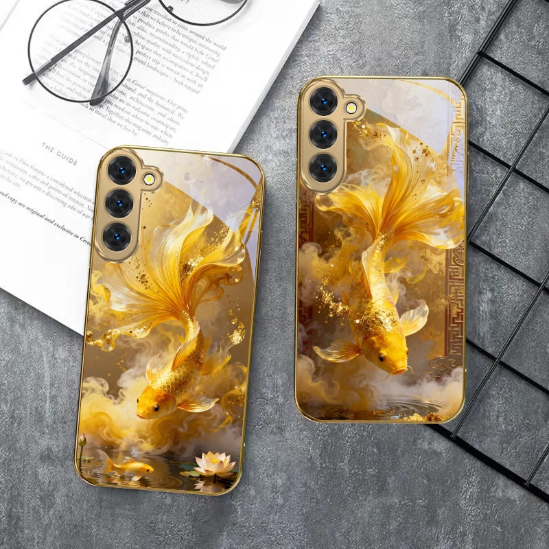 かわいい金色の鯉の魚柄のSamsung Galaxy S20 FE S21 S22 S23 Plus S24 Ultra S25Ultra S21+ S9+ S22Plus用ゴールデンガラス製スマホケース
