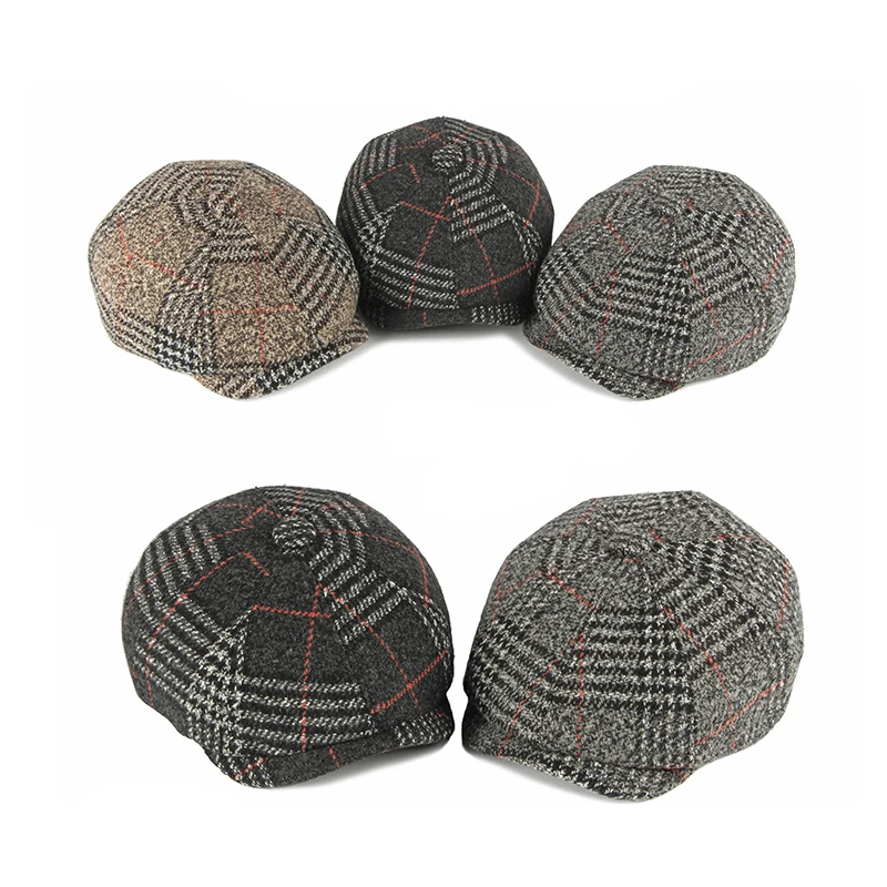 Retro Octagonal Hats for Men Black Plaid Eight-blade Painters Newsboy Cap for Male Herringbone Flat Cap Berets Elastic Band