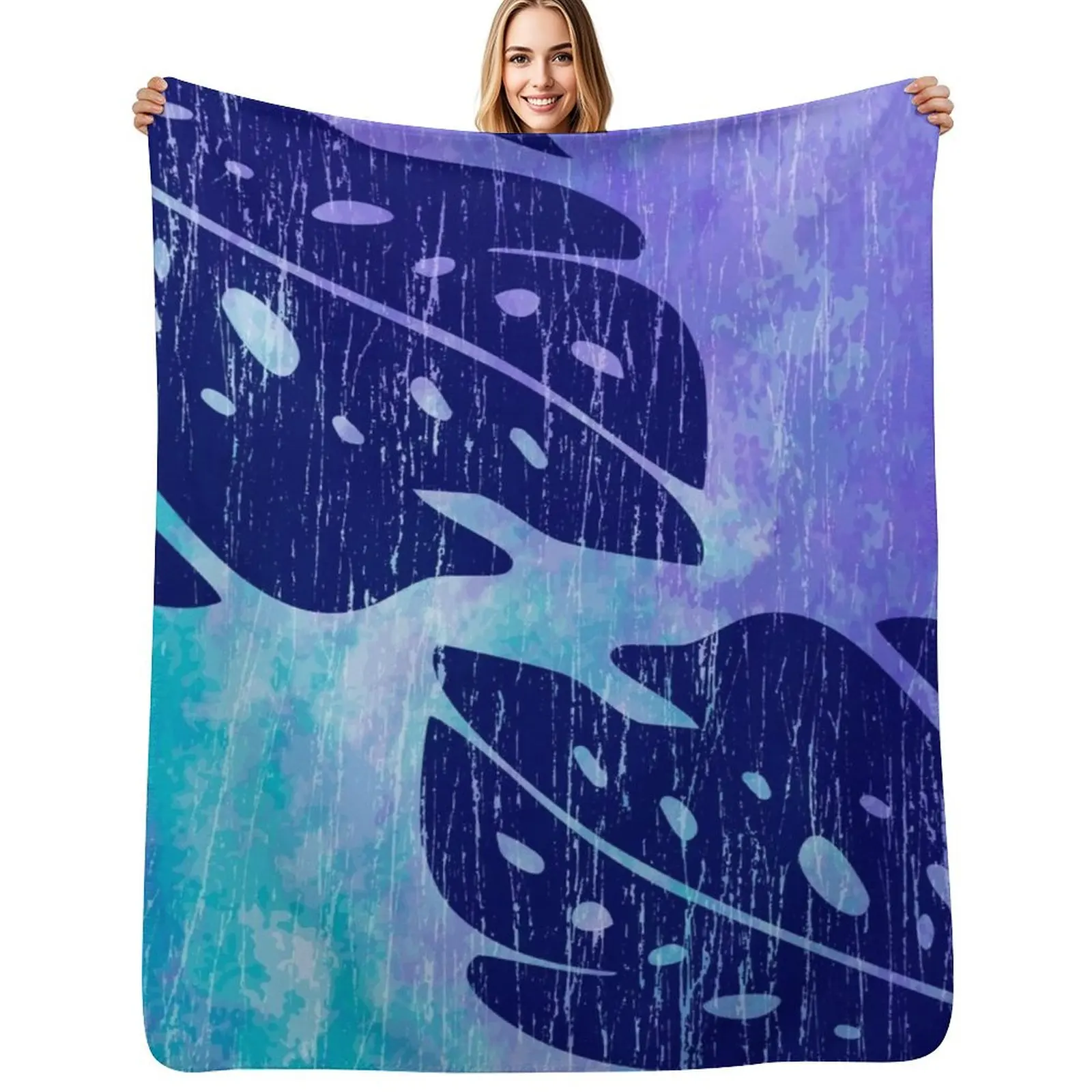Плед Maikai Hawaiian Monstera Leaf Tie-Dye Blend - фиолетово-бирюзовый, свободный, для дивана, из фланели, на заказ, для путешествий.