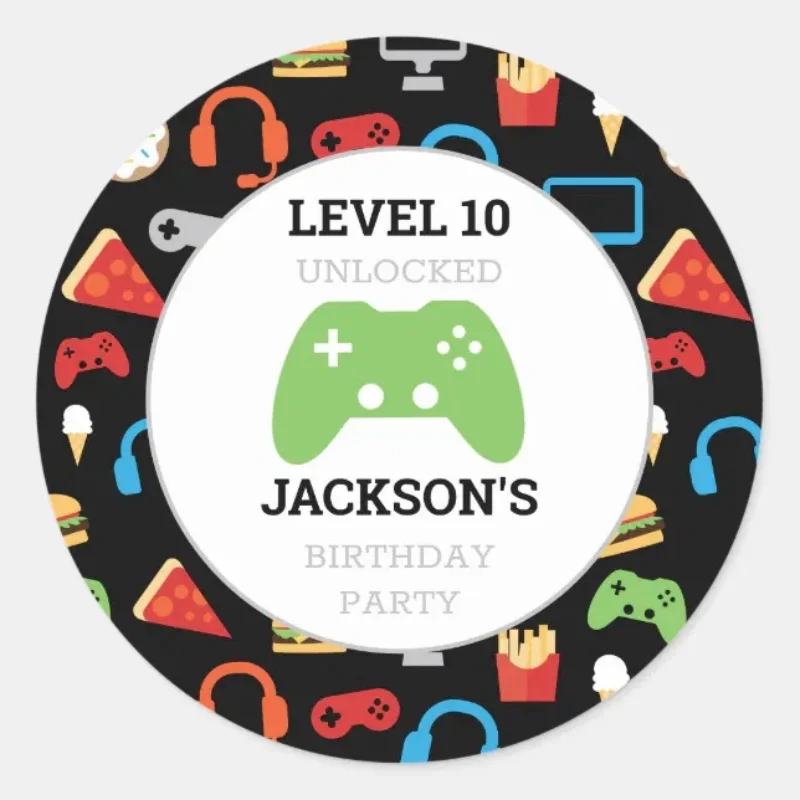 Custom Video Game Party Level Up Kids Birthday Gamer Classic Gift Round Sticker  Handmade Party Decoration Supplies Baby Shower