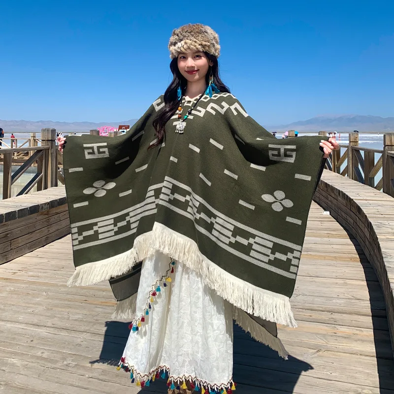 Traveling Women's Poncho Shawl Ethnic Style Tassels Hoodie Cloak Winter Warm Jacquard Outdoor Decoration Men Big Cape Blanket P1