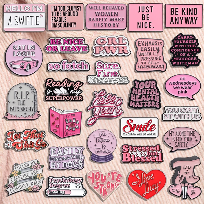 Pink English Letters Enamel Pins Cartoon Heart Geometry Feminist Custom Brooches Badge Fashion Jewelry Gifts For Girls Women