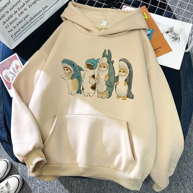 New Black Long Sleeve Hoodie Tops Woman Cat Shark Hooded Sweatshirts Funny Animal Cartoon Printing Graphic Pullover Streetwear image 2