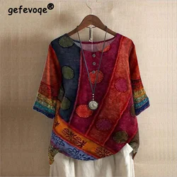 Etnische Stijl Vrouwen O-hals Digitale Vintage Print Losse Overhemd Oversized Half Mouw Blouses Tops Vrouwen Harajuku Casual Trui