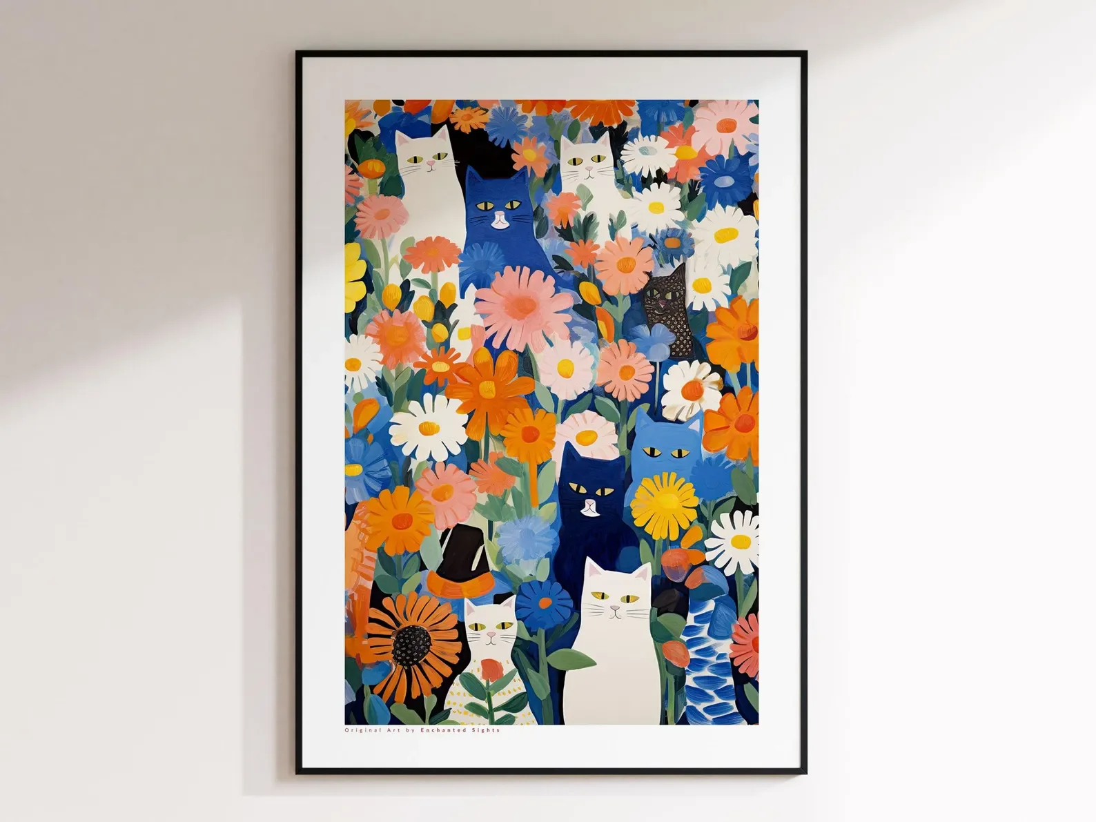Blaue Katze im Garten, Blumen-Wandkunstdruck – Katzenillustration und Blumenkunst-Dekor, Geschenke für Katzenliebhaber