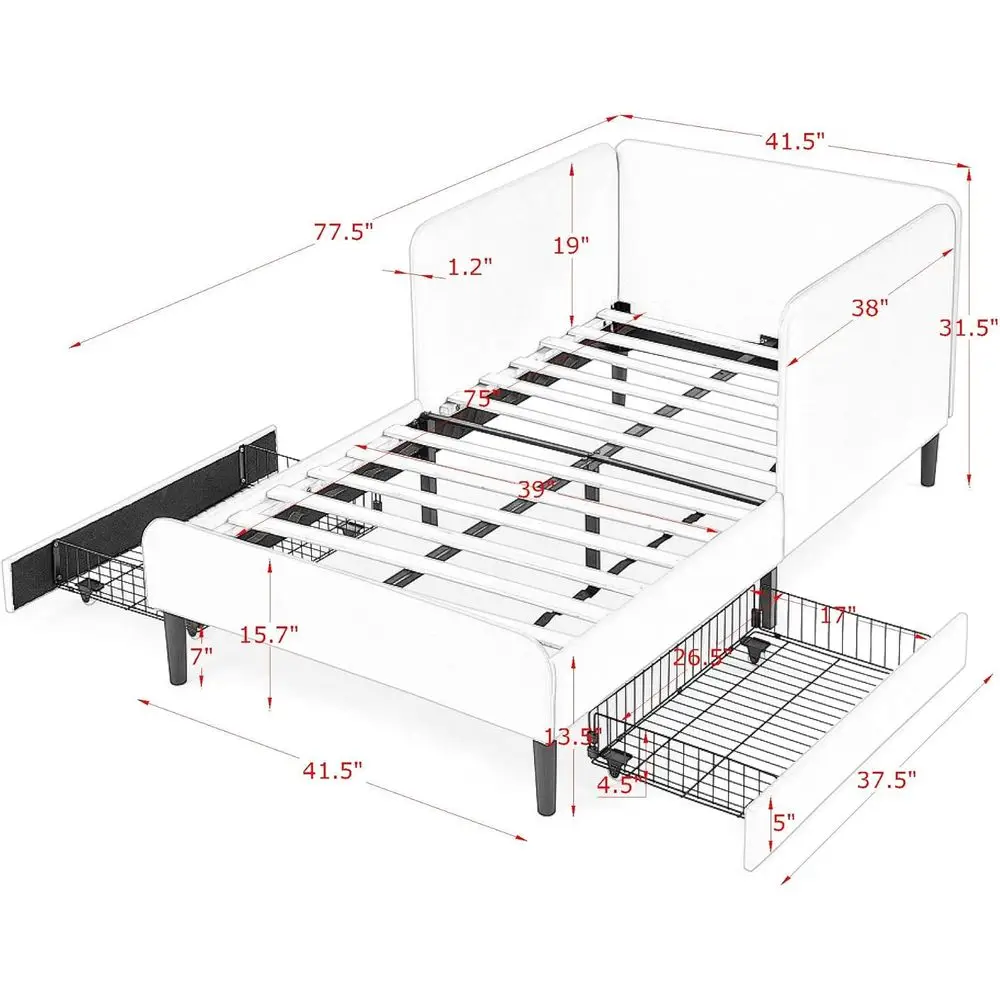 Twin Size Upholstered Platform Bed with Rails, Storage Drawers, Suitable for Kids and Adults, Beige
