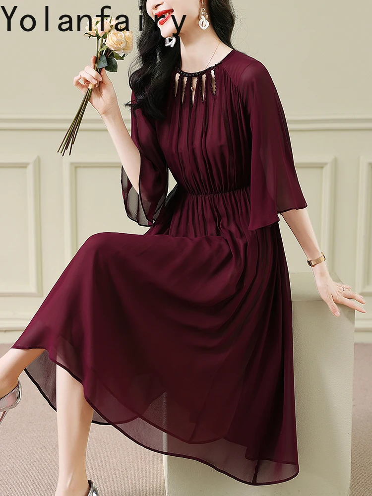 YOLANFAIRY 100% فستان حريري التوت الحقيقي للنساء الصيف أنيقة Cinched الخصر فستان سهرة ملابس امرأة فساتين كم مضيئة