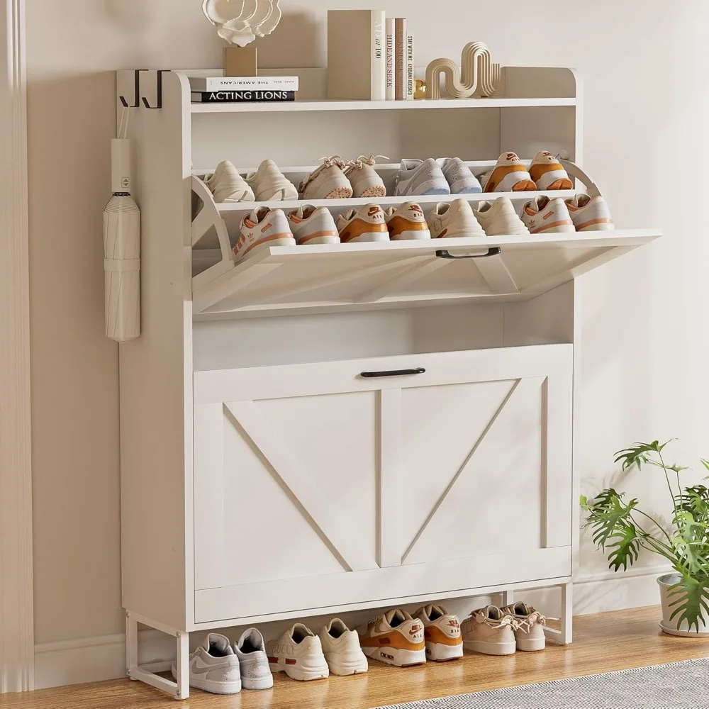 

Shoe Cabinet for Entryway with 2 Flip Drawers,Narrow Wooden Shoe Storage Cabinet with Metal Legs,Hold 24 Pairs, 4-Tier