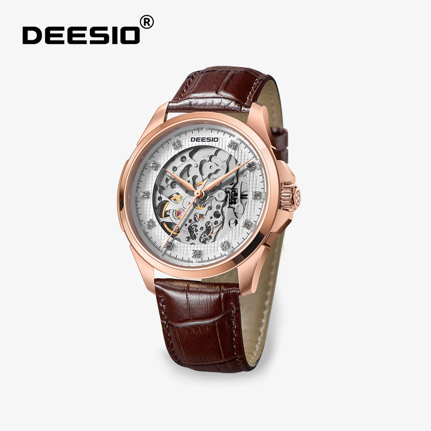 Deesio Men's Luxury Automatic Mechanical Watch Leather Strap Sapphire Crystal Hollow Dial 38mm 36H Power Reserve 50m Waterproof