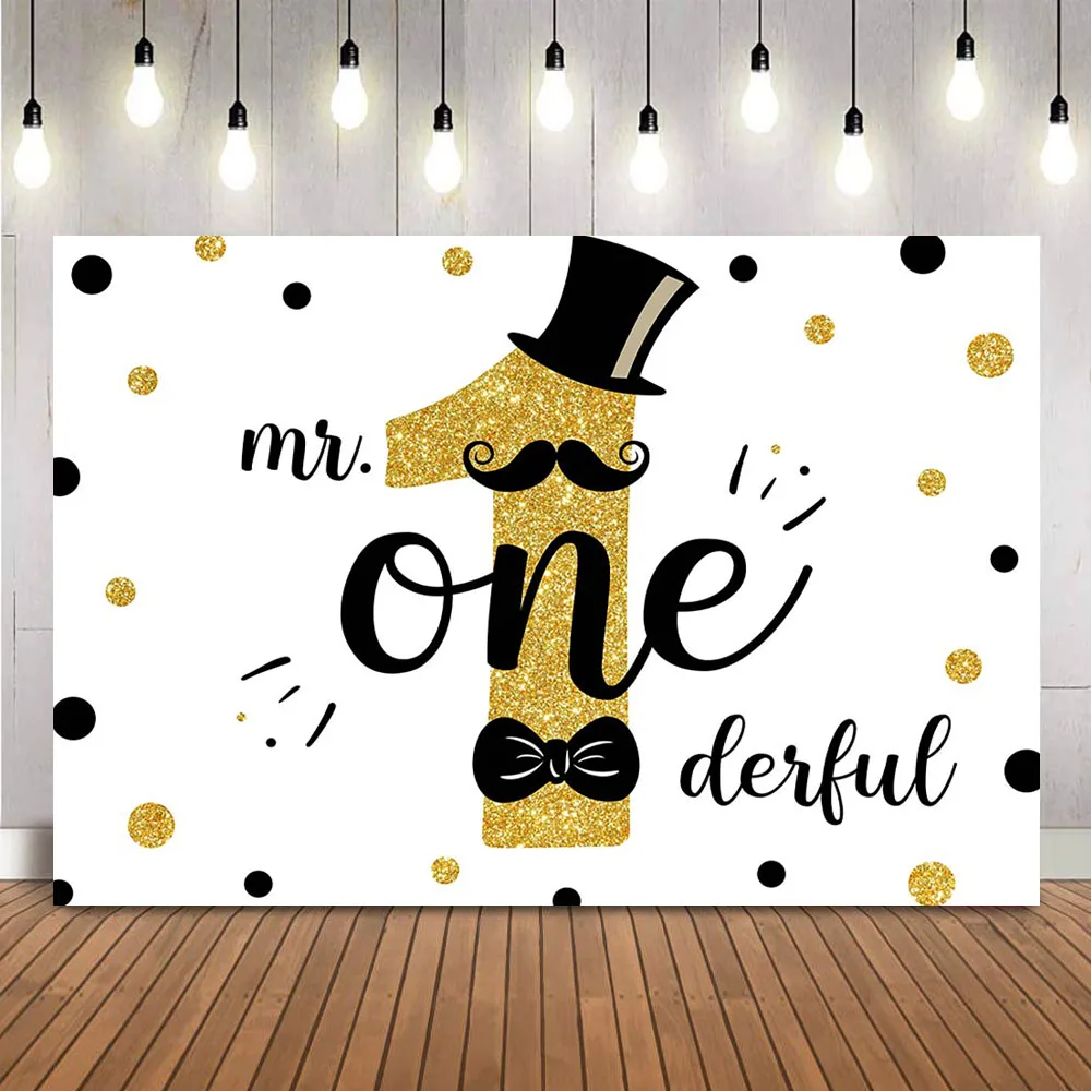 

Mr.Onederful Backdrop Black and Gold 1st Birthday Background for Photo studio Newborn Kids Little Man Photoshoot Props