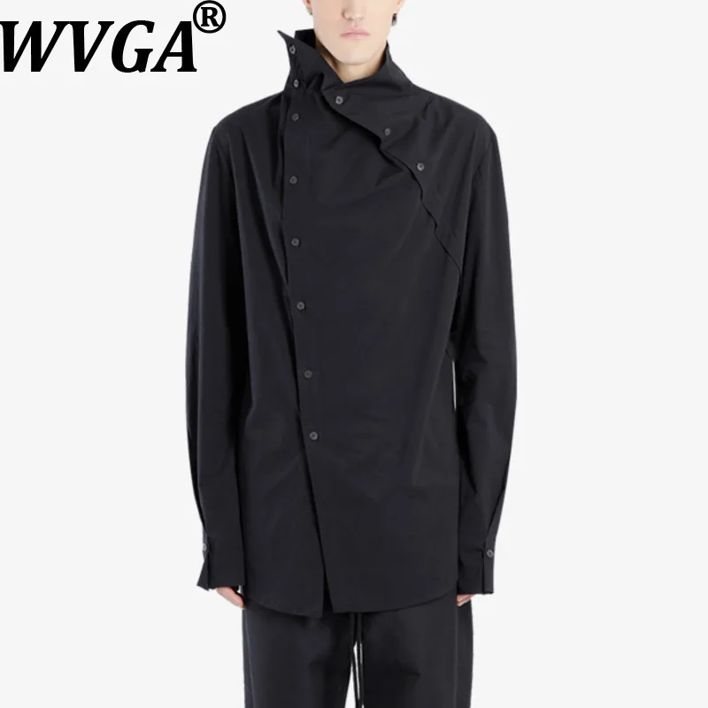 

WVGA Spring Autumn New Man Tide Double-Breasted Irregular Trendy Stand Collar Long Sleeve Shirt Niche Chic Casual Top Ins W12985