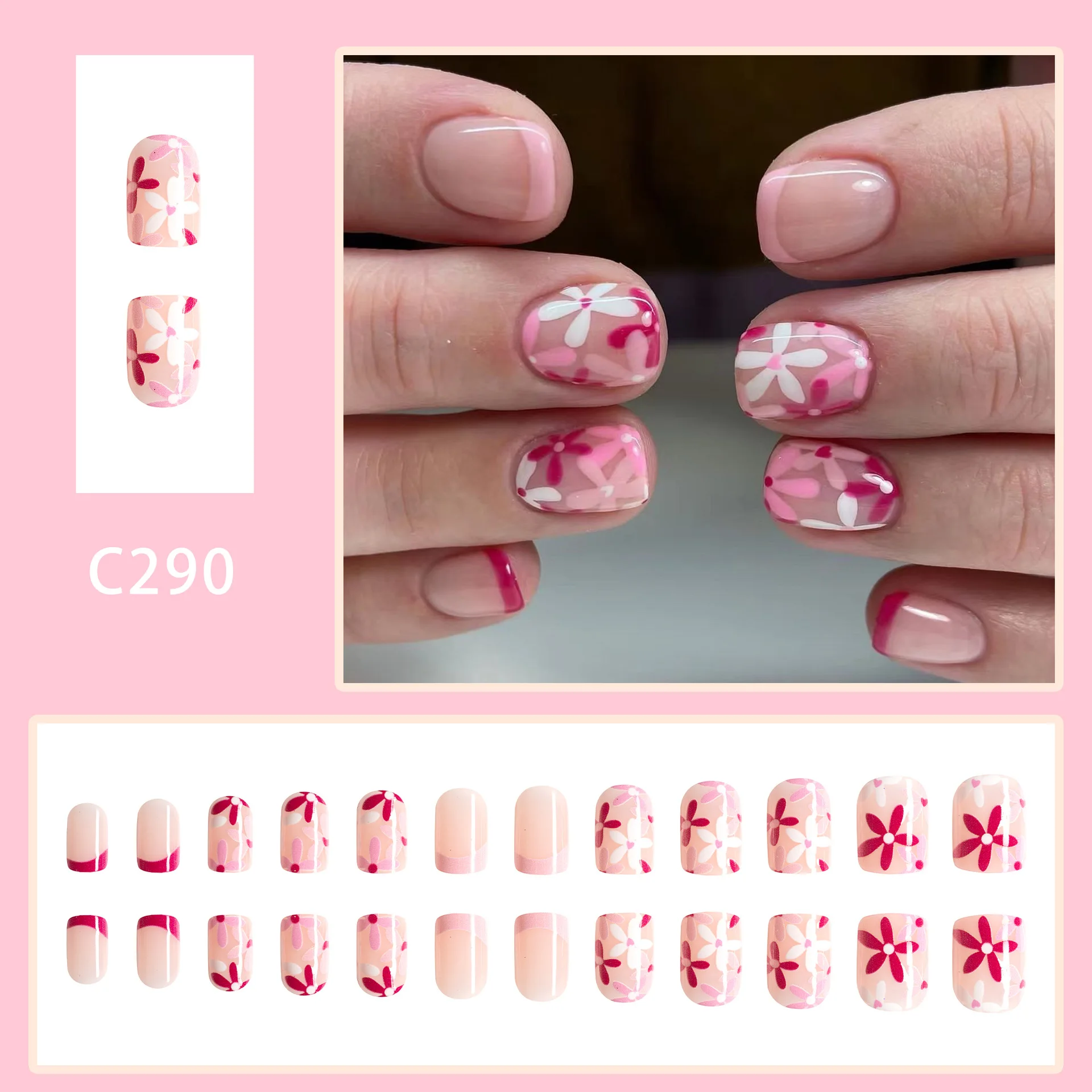 24Pcs Pink Frensh Nail Tips Spring/Summer Flower Square Press on Nails Full Cover Acrylic Nails for Women/Girls False Nail Wear