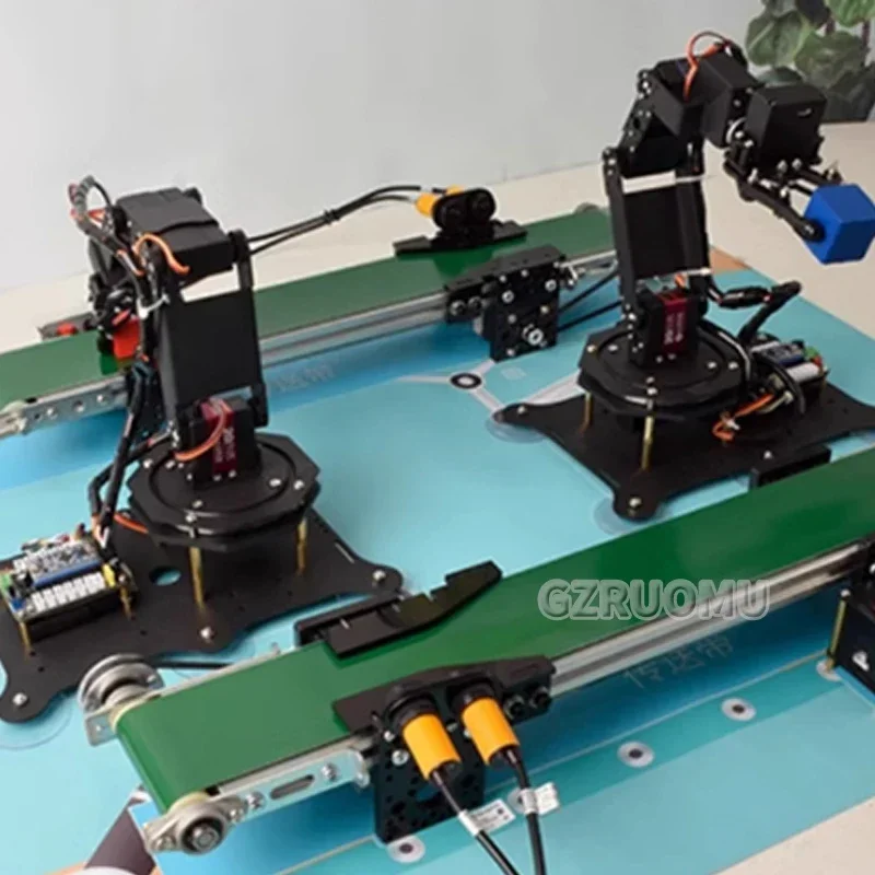 Educational DIY Conveyor Belt Assembly Line Kit with Robotic Arm Control Stepper Motor & Infrared Sensor for Simulation Robotics