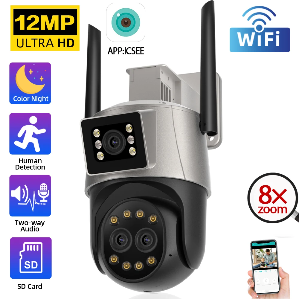 12MP 4K ICSEE Wifi Security Camera Outdoor Dual Screen 3 Lens 8X Zoom Waterproof Color Night Vision CCTV Video Surveillance Cam