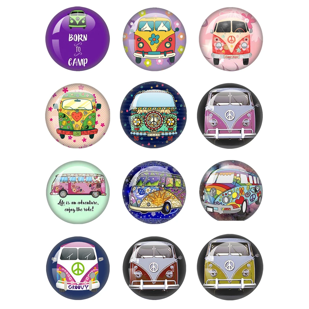 Peace Sign Van Bus Cartoon 12mm-40mm Domed Glass Cabochon Pure Handmade Creative Jewelry Gift