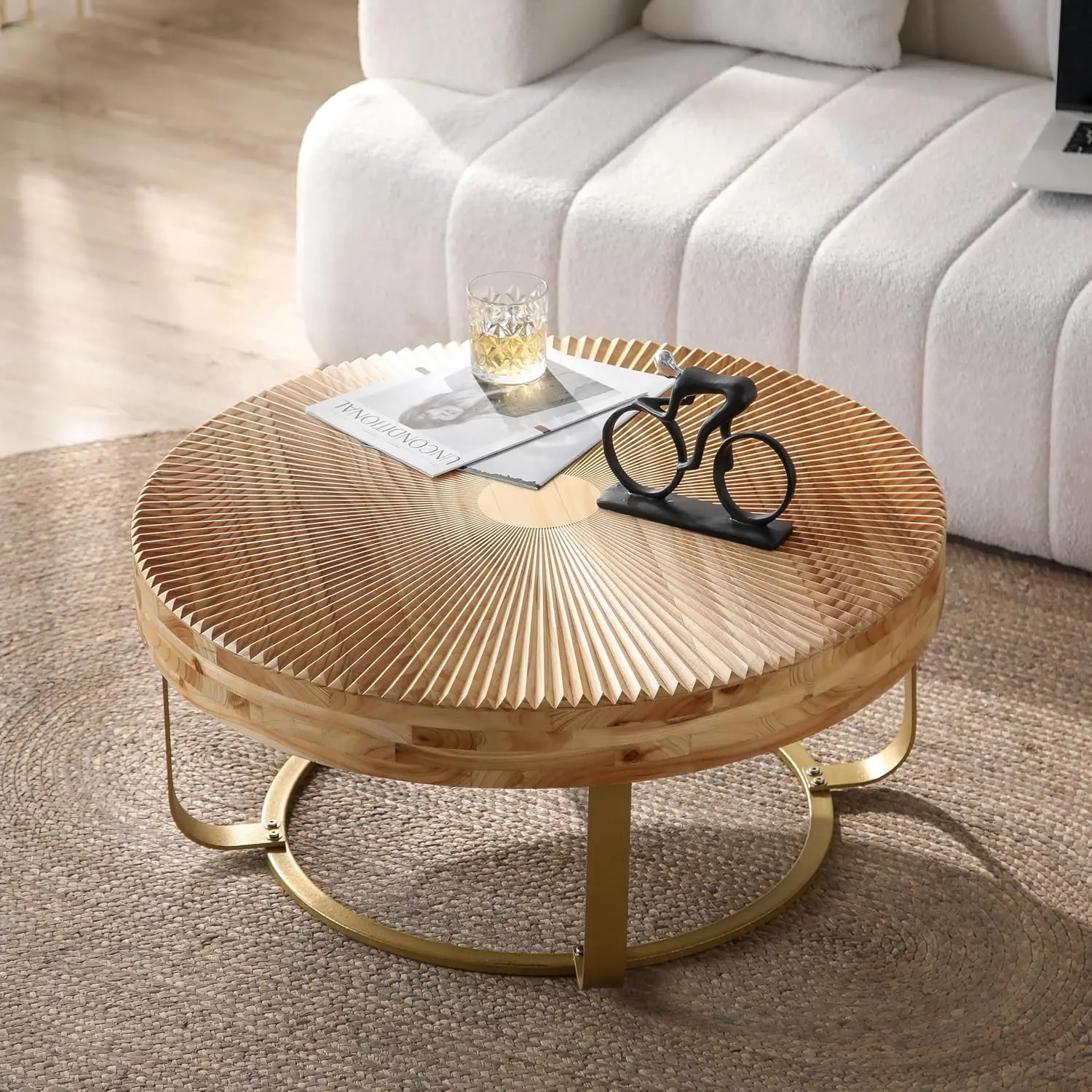 Round Wood Coffee Table, Small Side Table with Radial Pattern & Metal Leg, Rustic Gold Accent for Living Room, Customized